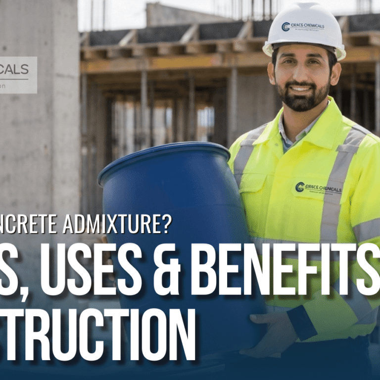 Construction professional presenting a concrete admixture container at an active building site