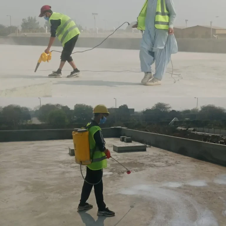 Workers are Cleaning and application of primer on the roof