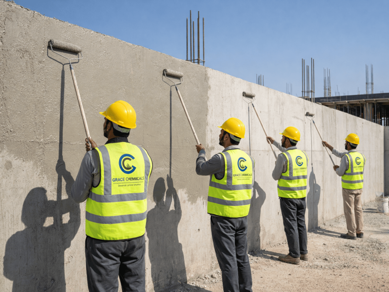 Construction professionals discussing site conditions during waterproofing inspection on roof slab